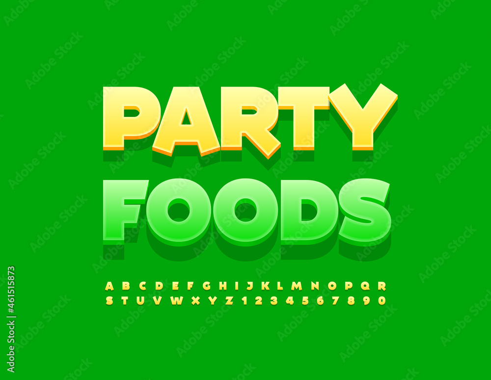Vector creative Sign Party Food. Trendy Bright Font. Artistic Alphabet Letters and Numbers set
