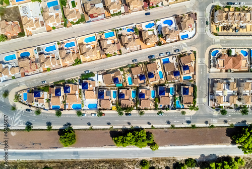 Pinar de Campoverde residential district view from above. Drone point of view luxury summer villas with swimming pools townscape rooftops at sunny summer day. Costa Blanca, Province of Alicante, Spain photo