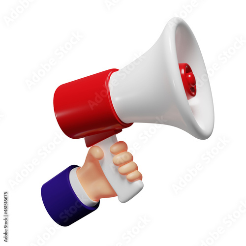 Schilderij op canvas 3d loudspeaker in hand, isolated illustration on white background, 3d rendering
