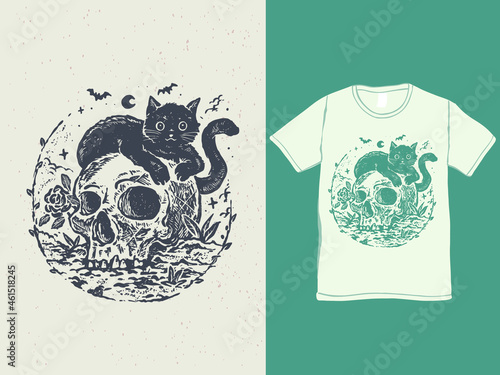 The cute black cat and skull vintage halloween t-shirt design