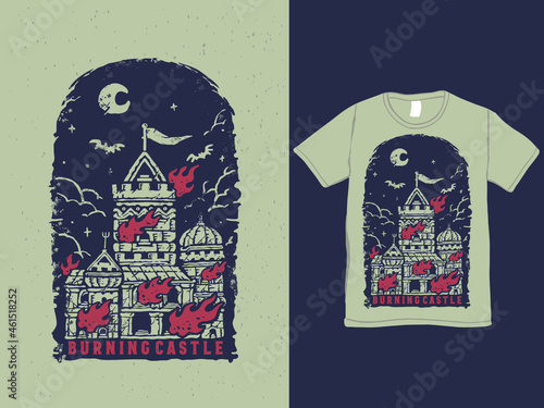 Burning castle vintage style t-shirt design