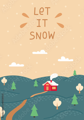 A Christmas card with a winter landscape and a small red house. Space for text. New year greeting card.