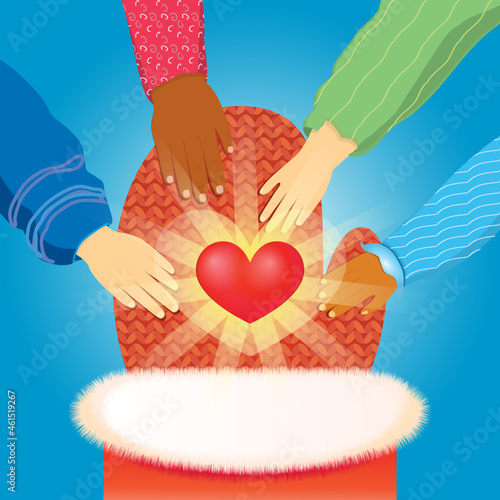 heart in the hands of Santa Claus, children stretch their hands to kindness and love, benevolence and attention to children, Merry Christmas