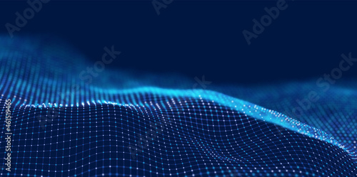 Wave of blue particles. Abstract technology flow background. Sound mesh pattern or grid landscape. Digital data structure consist dot elements. Future vector illustration. © fantasyform