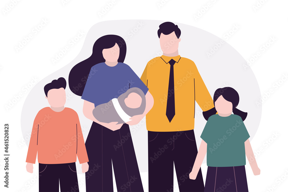 Family portrait. Happy parents with newborn baby and children. Cute people standing. Cartoon mother, father and three kids. Happiness wife and husband Family portrait. Happy parents with newborn baby and children. Cute people standing. Cartoon mother, father and three kids. Happiness wife and husband