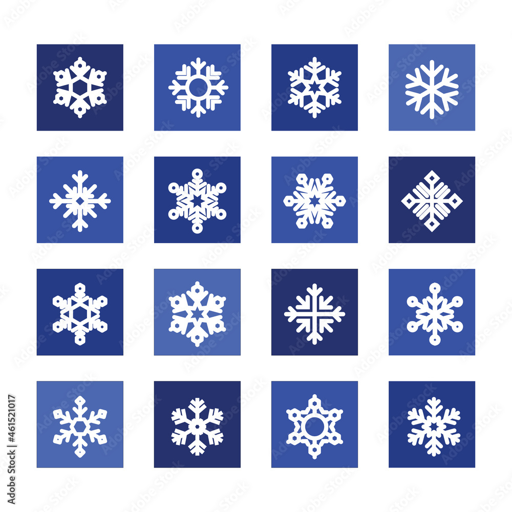 Collection of 16 blue buttons with snowflake icon. Vector illustration. Collection of 16 blue buttons with snowflake icon. Vector illustration.