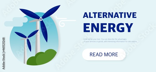 Clean alternative energy from renewable solar and wind sources. Wind turbines and solar panels. The background of the main page website template.