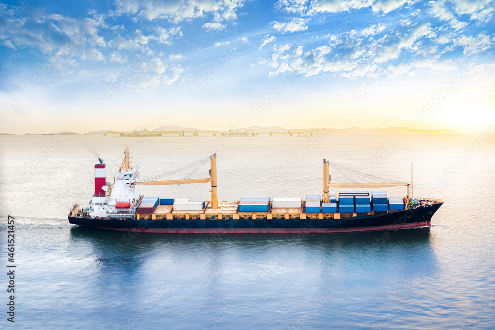 Container cargo ship in the ocean at sunset sky, Global business logistics import export background, Freight transportation, Shipping Container cargo ship in the ocean at sunset sky, Global business logistics import export background, Freight transportation, Shipping