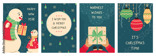 Cute Christmas set of 4  New year greeting cards.