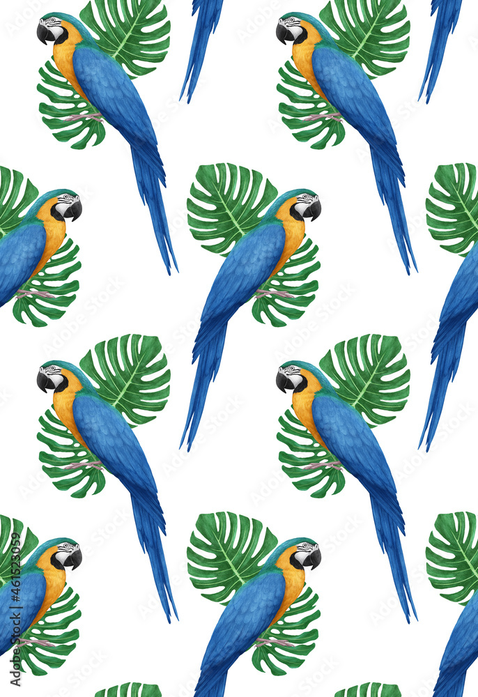 Obraz premium Seamless Pattern with hand-drawn Parrot and palm leaves, digitally colored