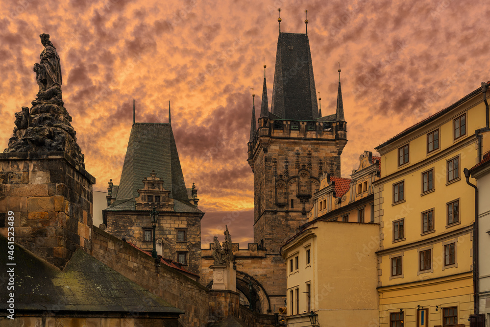 Sunrise over the capital of the Czech Republic - Prague city with buildings and statues