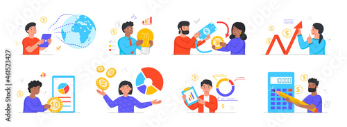 Global economy concept. Currency exchange, financial analysis, investment and accounting. Characters study economic situation of business. Cartoon flat vector collection isolated on white background