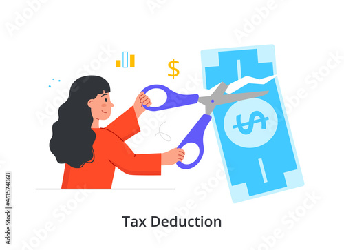 Tax Deduction concept. Woman cuts large dollar bill with scissors. State returns part of taxes to entrepreneur. Financial optimization. Cartoon flat vector illustration isolated on white background