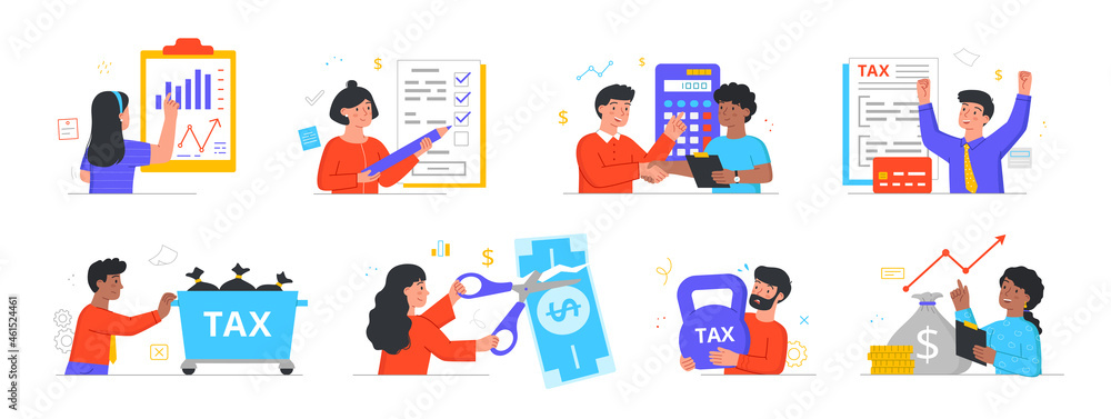 Taxes for business concept. Men and women count profits and pay interest to state. Difficult situation with taxation. Financial analysis. Cartoon flat vector collection isolated on white background Taxes for business concept. Men and women count profits and pay interest to state. Difficult situation with taxation. Financial analysis. Cartoon flat vector collection isolated on white background
