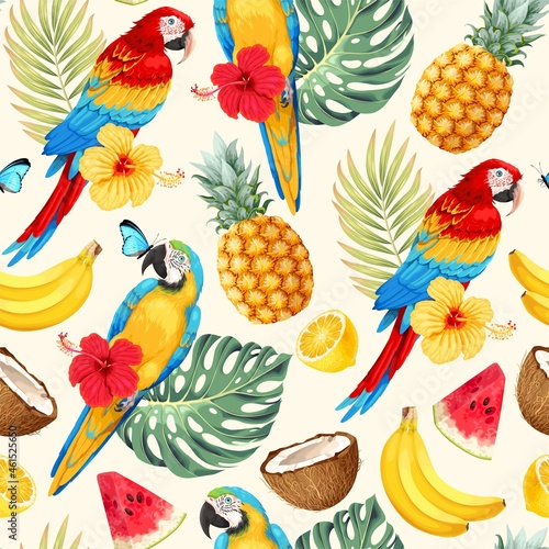 Vector seamless pattern with macaw and palm leaves