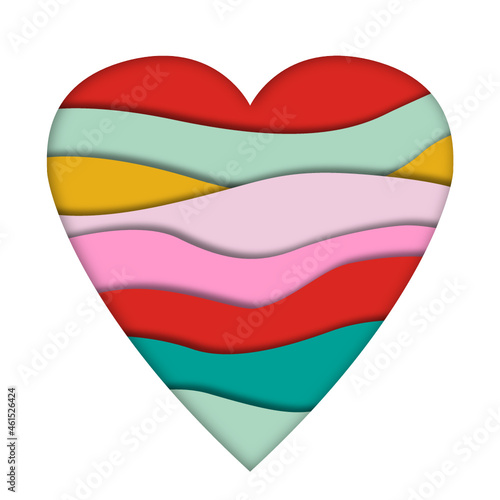 Ilustración de corazón de colores con efecto de papel cortado, sobre fondo blanco. Vectores