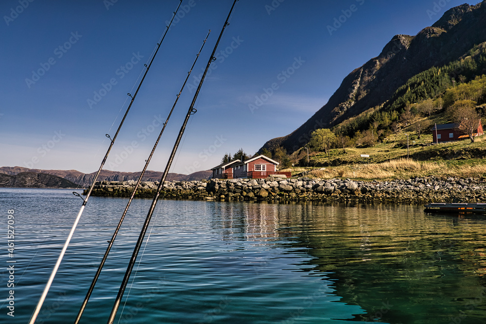 fishing vacation in Selje norway. Rod and reel are ready to fish. a paradise for anglers