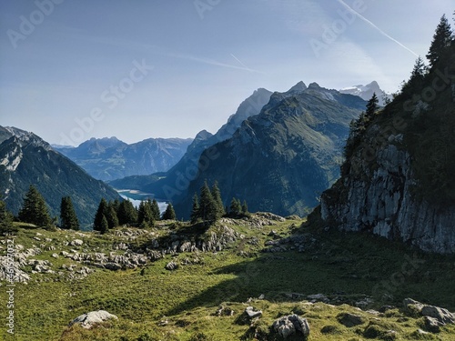 beautiful landscape in Switzerland. Hike to the Silberen mountain. Large forests in the canton of Glarus.Colorful nature photo