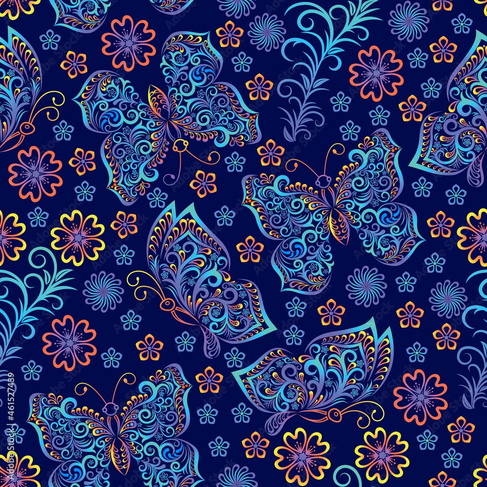 Seamless pattern images of vivid openwork butterflies and flowers on dark blue background. Background for textiles, greeting cards, invitation cards, Wallpaper. Vector illustration. Seamless pattern images of vivid openwork butterflies and flowers on dark blue background. Background for textiles, greeting cards, invitation cards, Wallpaper. Vector illustration.