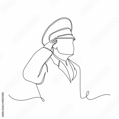 Continuous one line drawing of soldier and veteran saluting at memorial day icon in silhouette on a white background. Linear stylized.