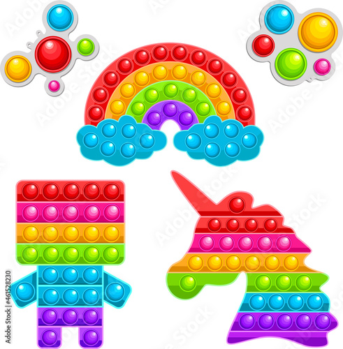A set of six fashionable sensory toys. Children's antistress game of various forms. Colorful handmade toy with push bubbles. Pop it. Simple Dimple.