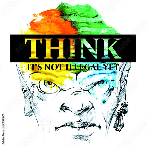 Think it's not Illegal yet, Vector art drawing, portrait of a man with glasses. Brain illustration. Contemporary abstract human portrait. Hand drawn outline trendy illustration. Free thinker