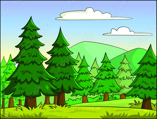 Cartoon vector illustration of a pine forest scene