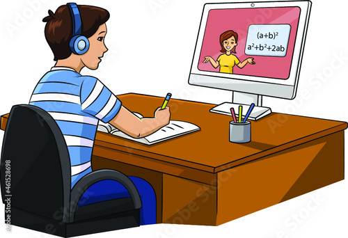 Cartoon vector illustration of a kid doing e-distance learning