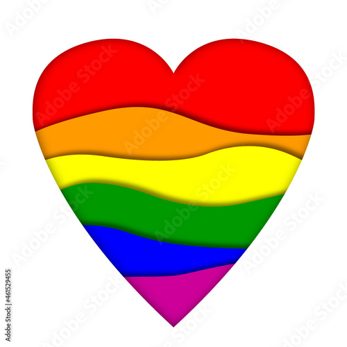 Ilustración de corazón con los colores del arco iris con efecto de papel cortado, sobre fondo blanco. Colores de bandera lgtbiq. Vectores