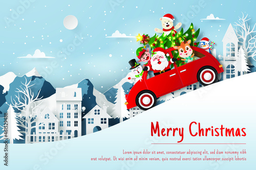 Wallpaper Mural Christmas postcard of Santa Claus and friend in Xmas car in the village Torontodigital.ca