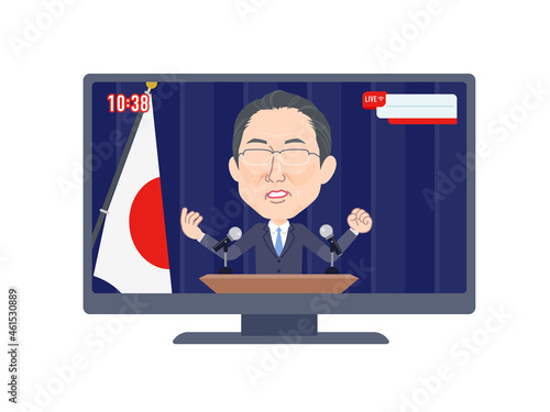 テレビ出演で会見をする眼鏡をかけた壮年男性のセット