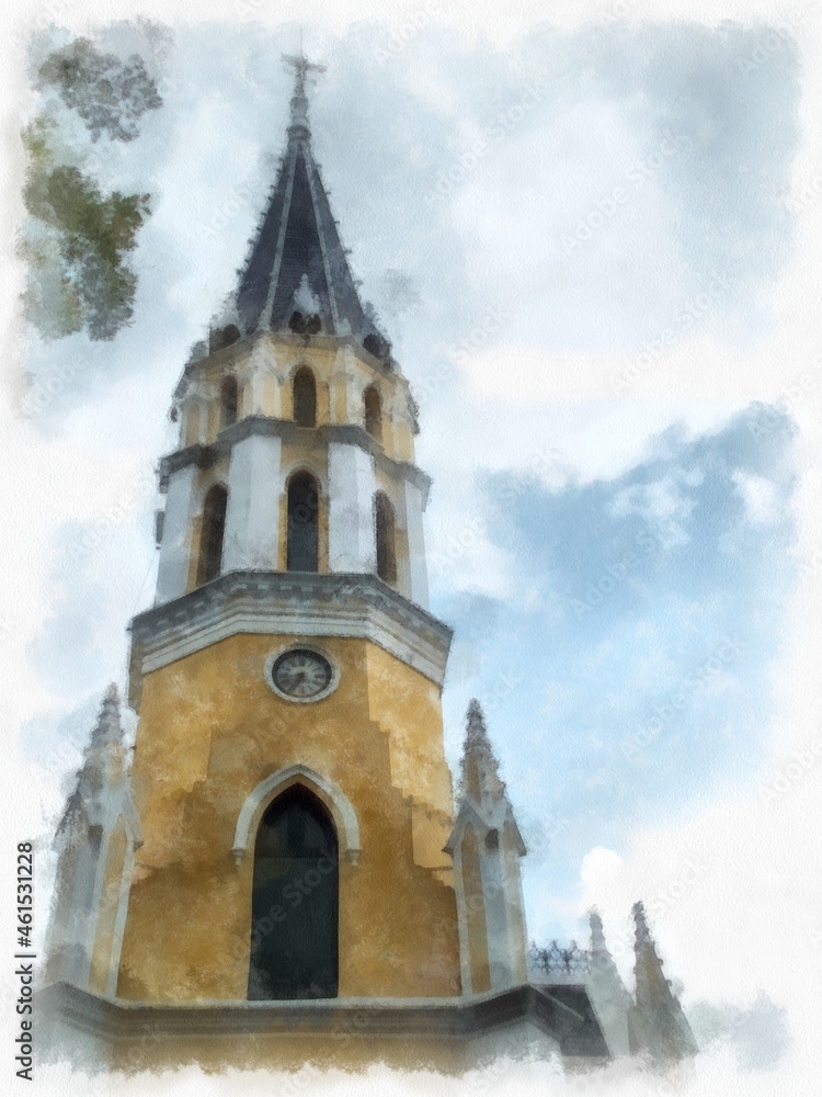 Ancient yellow christ church gothic architecture Illustrations watercolor style illustration impressionist painting.