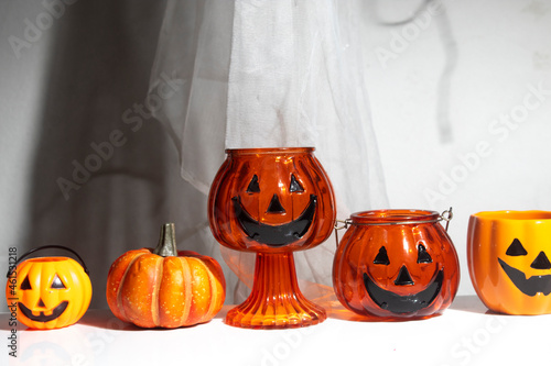 horror spooky funny ghost in halloween on holiday season greeting night celebration party with toy prop decoration and trick or treat autumn october festival and jack-o-lantern concept © issaronow