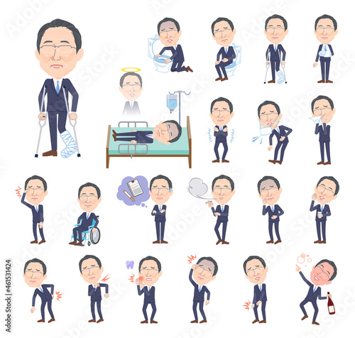 怪我や病気の状態の眼鏡をかけた壮年男性のセット