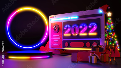 Merry Сhristmas and Happy New Year 2022. Abstract minimal design, Neon light Christmas trees, gift box, empty round Realistic stage, podium. 3d rendering.