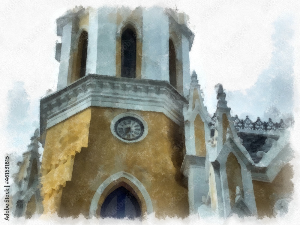 Obraz premium Ancient yellow christ church gothic architecture Illustrations watercolor style illustration impressionist painting.