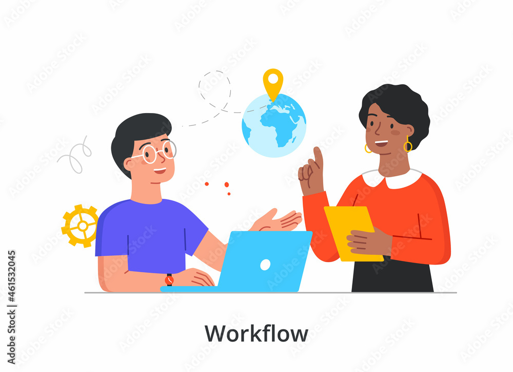 Employees discuss delivery. Colleagues talk about deal, boss gives task to subordinate. Concept of workflow, teamwork, company, business. Cartoon flat vector illustration isolated on white background