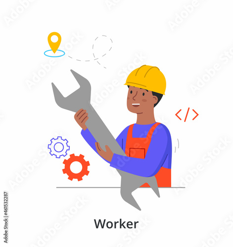 Worker with wrench. Man holding tool in his hands. Builder fixing problems. Checkout of employee at home, plumber, route, adress. Cartoon flat vector illustration isolated on white background