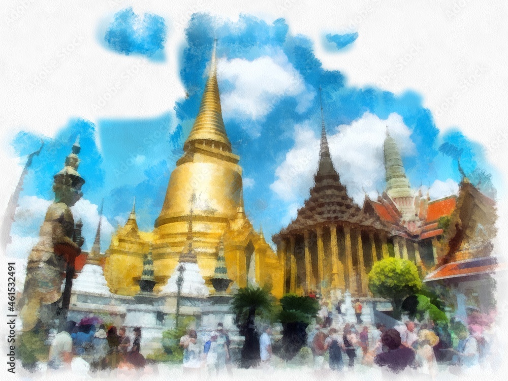 Fototapeta premium Bangkok Grand Palace watercolor style illustration impressionist painting.