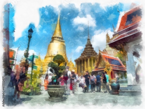Bangkok Grand Palace watercolor style illustration impressionist painting.