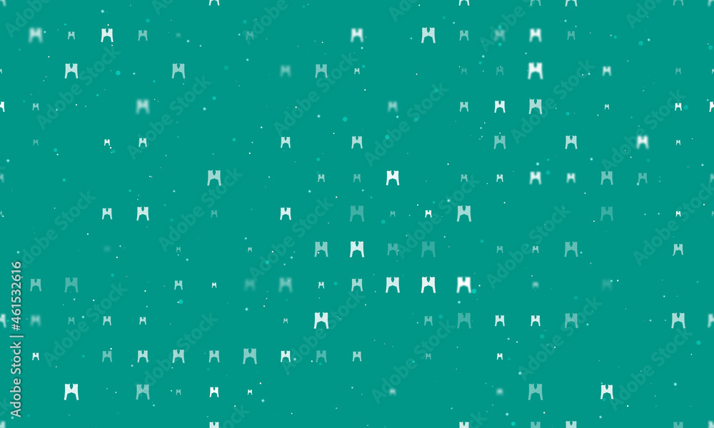 Seamless background pattern of evenly spaced white women's jacket symbols of different sizes and opacity. Vector illustration on teal background with stars Seamless background pattern of evenly spaced white women's jacket symbols of different sizes and opacity. Vector illustration on teal background with stars