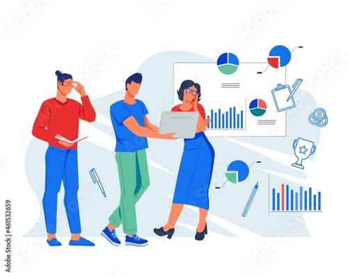 Data collection and marketing analysis business concept. Team of analytics or business partners are discussing work issues, flat vector illustration isolated on white background.