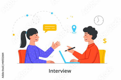 Girl came for interview. HR man interviewing potential employees, defining professional skills. Checking employees, communication. Cartoon flat vector illustration isolated on white background
