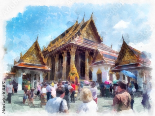 Bangkok Grand Palace watercolor style illustration impressionist painting.