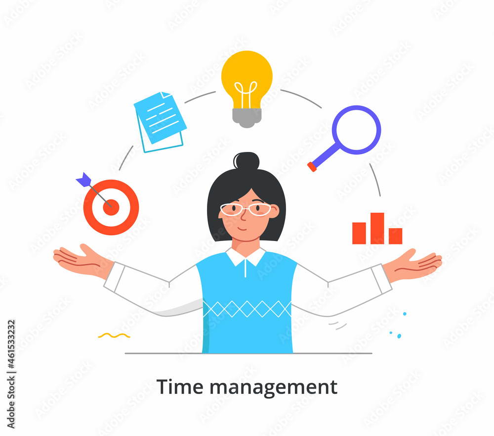 Woman prioritizes concept. Time management, creating your own schedule. Planning tasks, analyzing steps towards goal, plotting graph. Cartoon flat vector illustration isolated on white background Woman prioritizes concept. Time management, creating your own schedule. Planning tasks, analyzing steps towards goal, plotting graph. Cartoon flat vector illustration isolated on white background