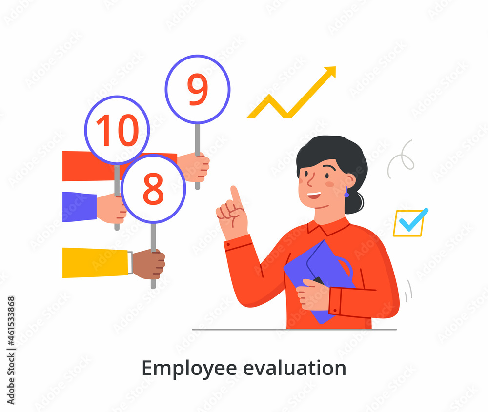 Woman looks at her grades. Customer reviews of employees, ratings. Feedback, reviews, performance, talent. Competition within company. Cartoon flat vector illustration isolated on white background Woman looks at her grades. Customer reviews of employees, ratings. Feedback, reviews, performance, talent. Competition within company. Cartoon flat vector illustration isolated on white background