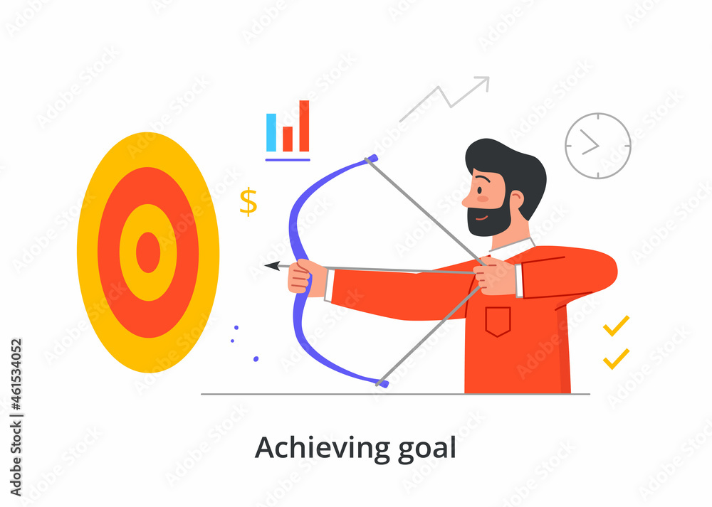 Man takes aim with bow at target. Concept of setting and achieving goals, success, business. Hardworking employee setting tasks. Cartoon flat vector illustration isolated on white background