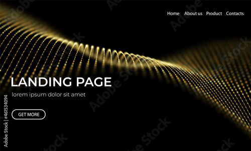 Abstract landing page background with gold particles. Flow wave with dot landscape. Digital data structure. Future mesh or sound grid. Pattern point visualization. Technology vector illustration.