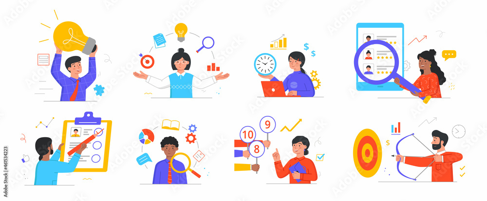 Employee performance set. Collection of images with colleagues. Successful firm concept, selection of candidates, talents, business. Cartoon flat vector illustration isolated on white background
