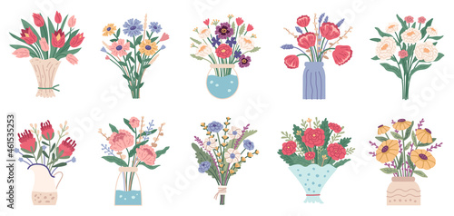 Flower bouquet. Set of bright spring blooming flowers in vases and bottles isolated on a white background. Cartoon flat vector illustration. 